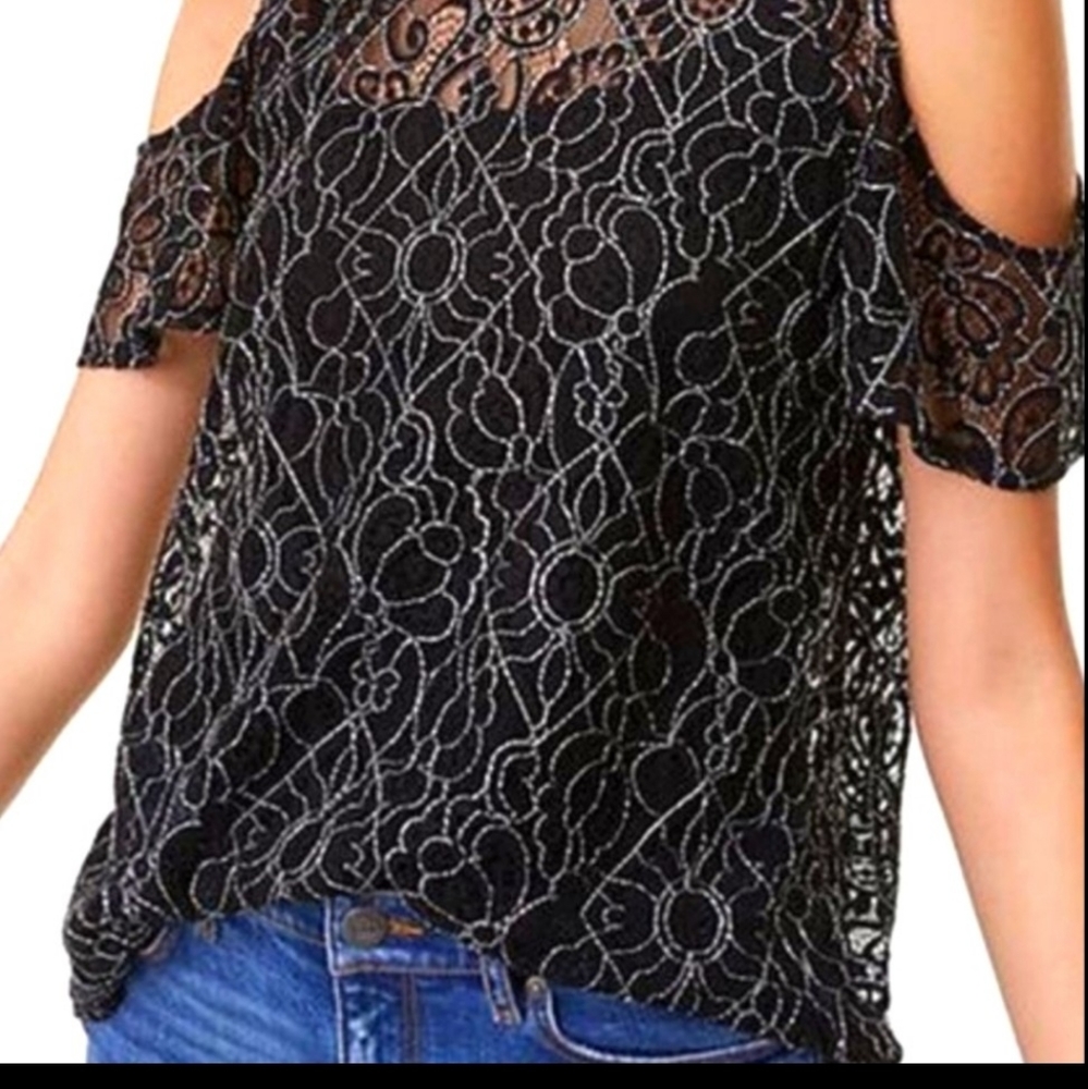 Loft Black Floral Lace Cold Shoulder Blouse